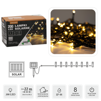 LAMPKI LED SOLARNE 200L CIEPŁY BIAŁY, DŁ. 2 + 20 M *9935
