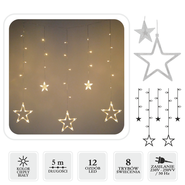 LED OSVETLENIE ZÁCLONA HVIEZDIČKY 138L DĹŽKA 3 + 2 M TEPLÁ BIELA VNÚTORNÉ/POUZE *3997