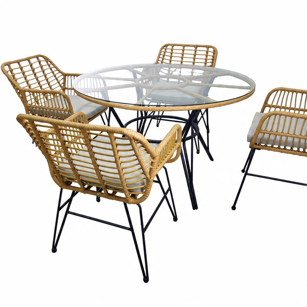 GARDEN FURNITURE SET (TABLE, 4 CHAIRS) - BROWN, CUSHIONS - GREY