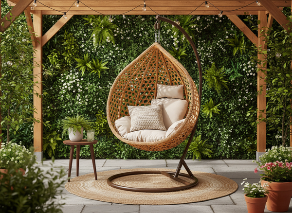 FOTEL WISZĄCY ROZM. L BRĄZOWY, PODUSZKA BEŻOWA, RAMA BRĄZOWA