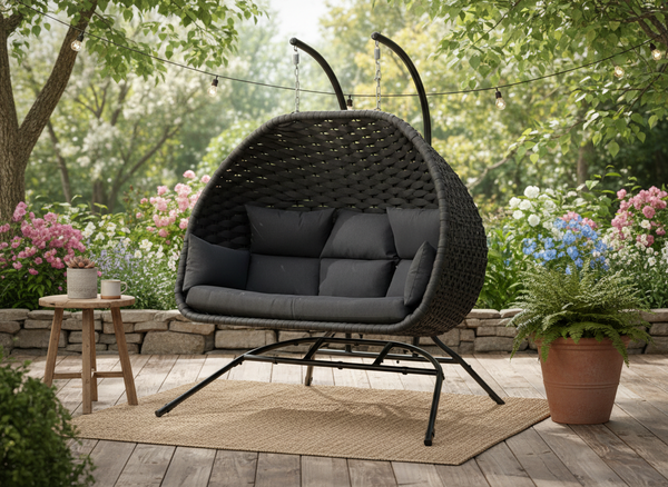 FOTEL WISZĄCY TONDER TRZYOSOBOWY - CZARNY, CZARNA PODUSZKA, CZARNA RAMA