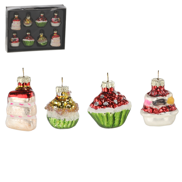 SET OF 8 GLASS CHRISTMAS TREE DECORATIONS - CUPCAKES