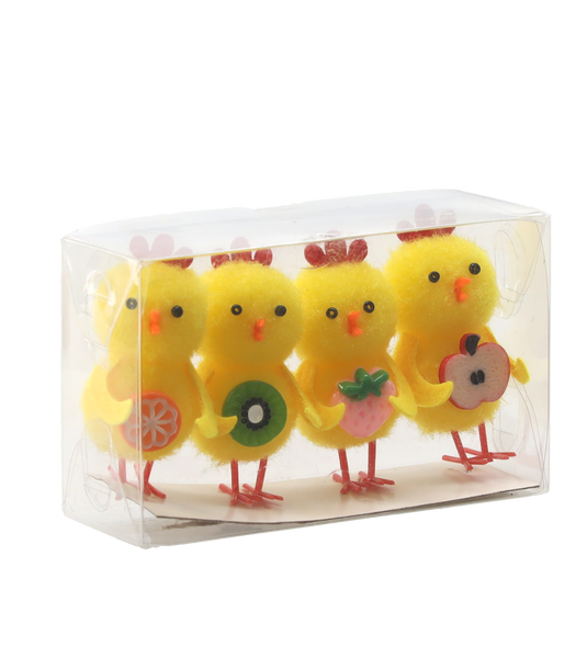 KPL. 4 OZDÓB WIELKANOCNYCH - KURCZAKI Z OWOCAMI 12 x 6 x 3,5 CM MIX WZORÓW *9311