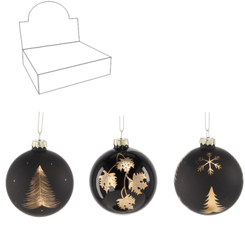 GLASS BAUBLE 8 CM BLACK DECORATED MIX DESIGNS