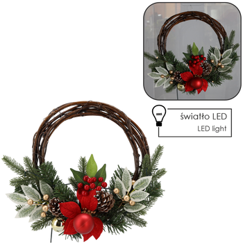 Coroană de Crăciun din răchită cu LED-uri 10, 30 cm, roșu-aurie *0769