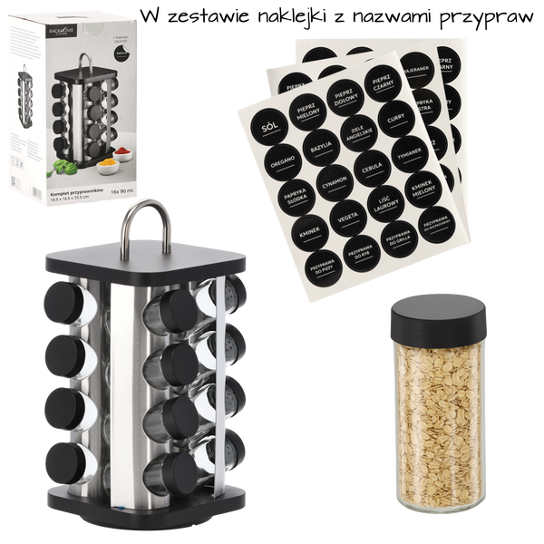 PRZYPRAWNIK KWADRATOWY 16,5 x 16,5 x 33,5 CM Z RĄCZKĄ 16 SŁOICZKÓW CZARNO-SREBRNY *9165