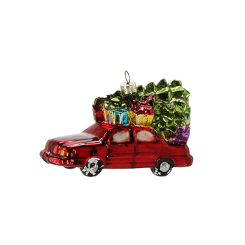 GLASS ORNAMENT - RED CAR WITH CHRISTMAS TREE 12.3 X 4.8 X 7 CM