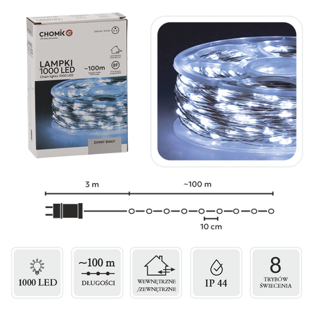 LAMPKI LED DRUCIKI NA SZPULI 1000L ZIMNY BIAŁY, DŁ. 3 + 100 M *0092