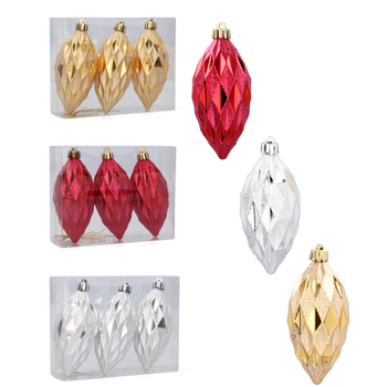 SET OF 3 OBLONG BAUBLES 10 CM RED/GOLD/SILVER