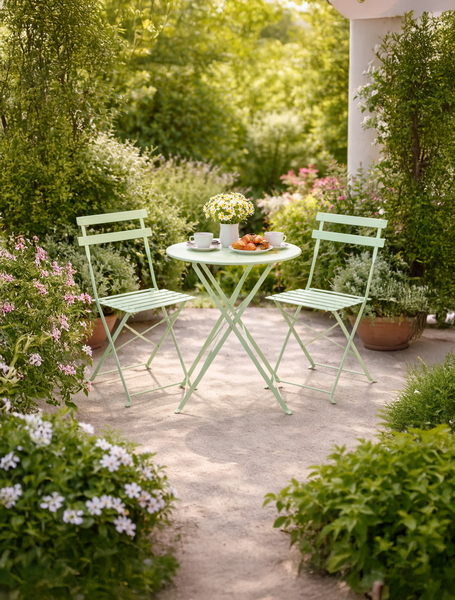 ZESTAW MEBLI OGRODOWYCH ZIELONY (STÓŁ OKRĄGŁY + 2 KRZESŁA)