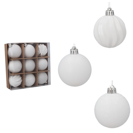 SET OF 9 BAUBLES 6 CM WHITE