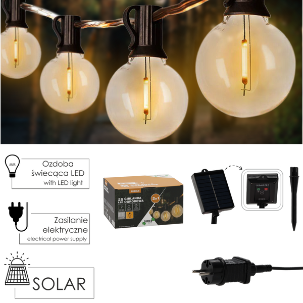 GARDEN GARLAND 2in1 (SOLAR / 3 V) LENGTH 7.5 M BUBBLE 25 LED WARM WHITE WITH HANDLES