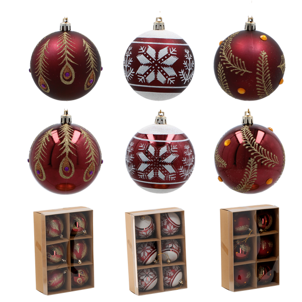 SET OF 6 CHRISTMAS BAUBLES DARK RED 8 CM