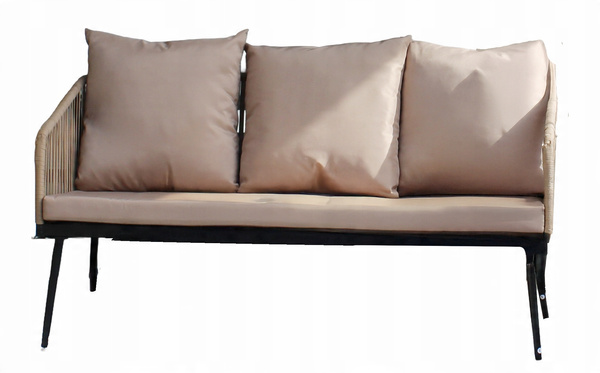 ZESTAW MEBLI OGRODOWYCH Z PLECIONEJ LINY (2 FOTELE + SOFA + STOLIK) - BEŻOWY, PODUSZKI - BEŻOWE *8517