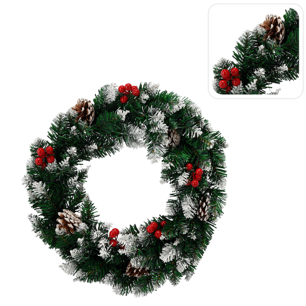 VÁNOČNÍ DEKORACE - VĚNEC 40 CM SNĚŽENÝ S WINTERBERRY A ŠIŠKAMI *9070