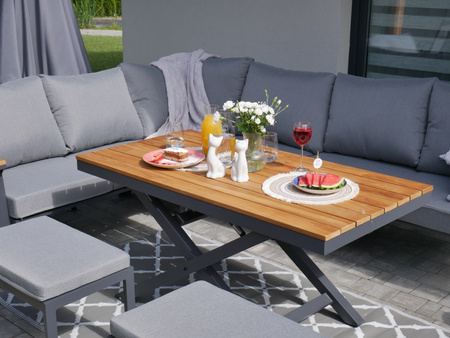 HLINÍKOVÝ TEAKOVÝ ZÁHRADNÝ NÁBYTOK (ROHOVÁ SOFA + STÔL + 2 TABURETY) ANTRACITOVÁ + ŠEDÉ VANKÚŠE *0411