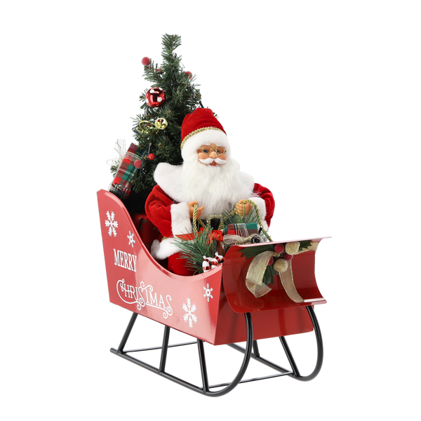MIKOŁAJ W SANIACH Z CHOINKĄ – LED, MELODIA 60 CM *3450