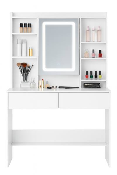 WHITE DRESSING TABLE WITH LED MIRROR AND 2 DRAWERS AND JEWELRY HOOKS