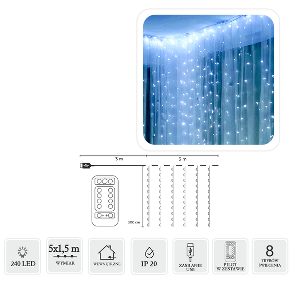 KURTYNA ŚWIETLNA DRUCIKI 240L ZIMNY BIAŁY, 5 x 1,5 M, USB, Z PILOTEM *8486