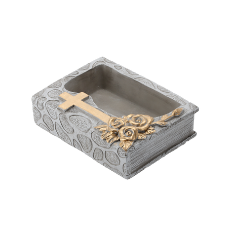 VAS CIMITIR CIMENT - CARTE CU CRUCE GRI - AURIE 22 X 16,5 X 7,5 CM *8882