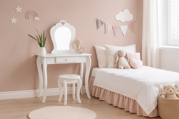 SMALL COSMETIC DRESSING TABLE WHITE WITH MIRROR + STOOL