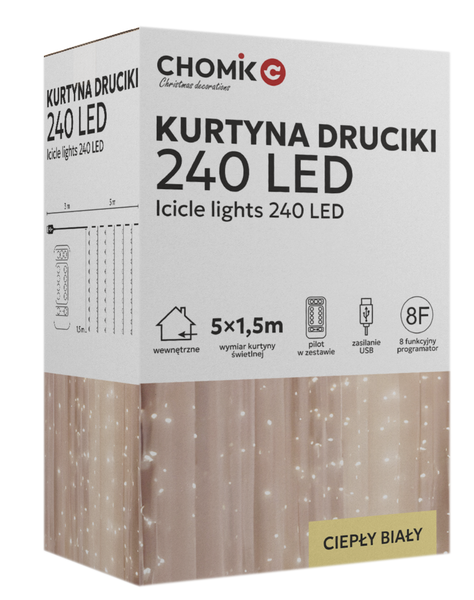 KURTYNA ŚWIETLNA DRUCIKI 240L CIEPŁY BIAŁY, 5 x 1,5 M, USB, Z PILOTEM *8462