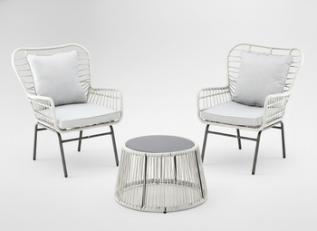 GARDEN FURNITURE SET - ( 2 ARMCHAIRS + TABLE ) - GREY CUSHIONS