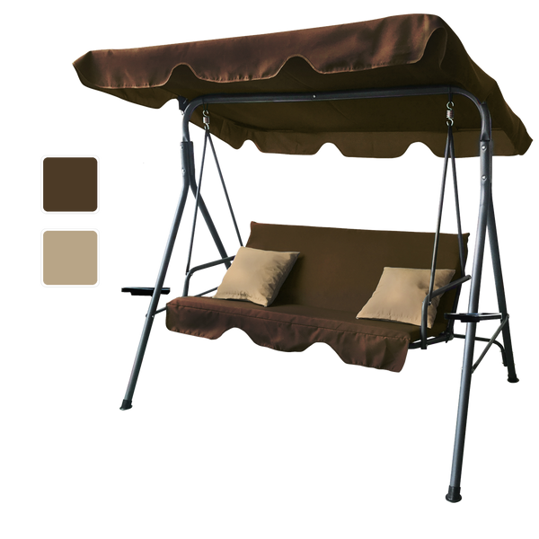 HUŚTAWKA OGRODOWA A-TYPE 170 x 118 x 153 cm BRĄZOWA Z BEŻOWYMI POD. I PODSTAWKAMI NA KUBEK *7626