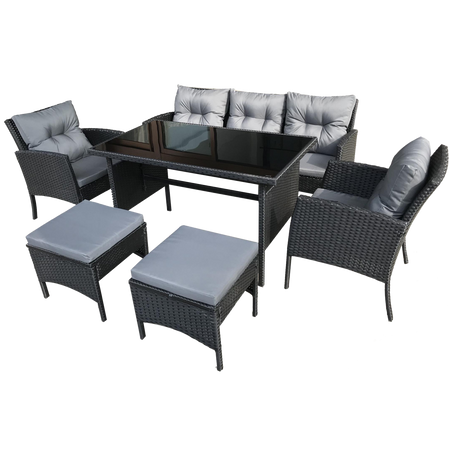 ZESTAW MEBLI RATTANOWYCH (SOFA, 2 KRZESŁA, 2 PUFY, STOLIK) - CZARNY, PODUSZKI - SZARY *7541