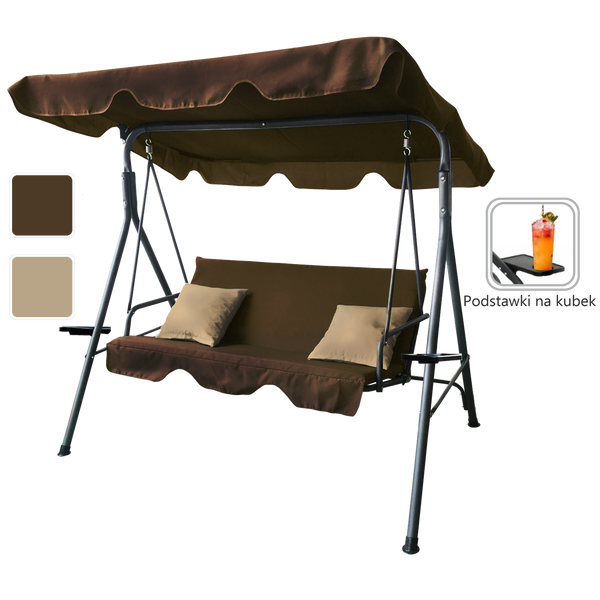 HUŚTAWKA OGRODOWA A-TYPE 170 x 118 x 153 cm BRĄZOWA Z BEŻOWYMI POD. I PODSTAWKAMI NA KUBEK