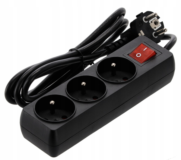 EXTENSION CORD POWER STRIP WITH SWITCH 3 SOCKETS 3M BLACK
