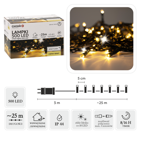 LED 500L LAMPI CĂLDĂ ALBĂ + FLASH RECE, LUNGIME 3 + 25 M INTERIOR/EXTERIOR *9591