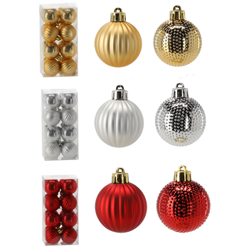 SET OF 16 BAUBLES 4 CM RED/GOLD/SILVER