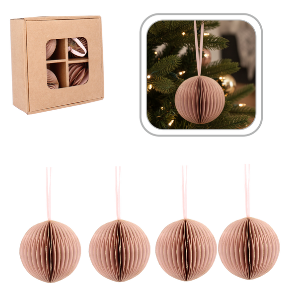 SET OF 4 CHRISTMAS TREE PAPER BAUBLES 7 CM PINK