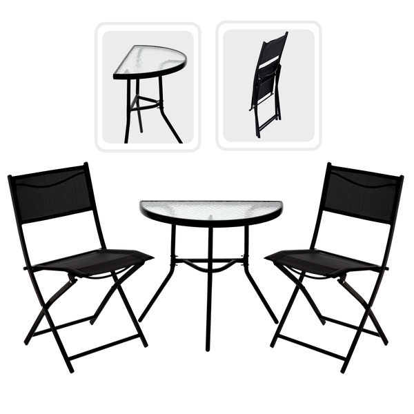 BALCONY FURNITURE SET - HALF TABLE + 2 FOLDING CHAIRS - BLACK *7132