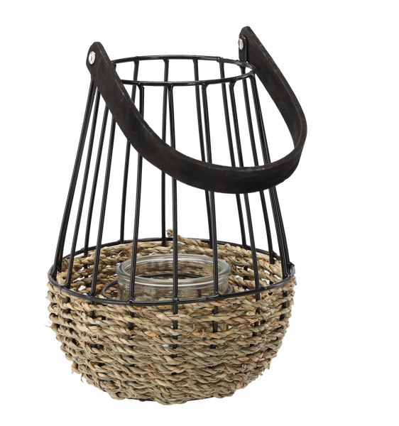 LAMPION METALOWY - CZARNO-BRĄZOWY 22/37 CM Z WKŁADEM SZKLANYM