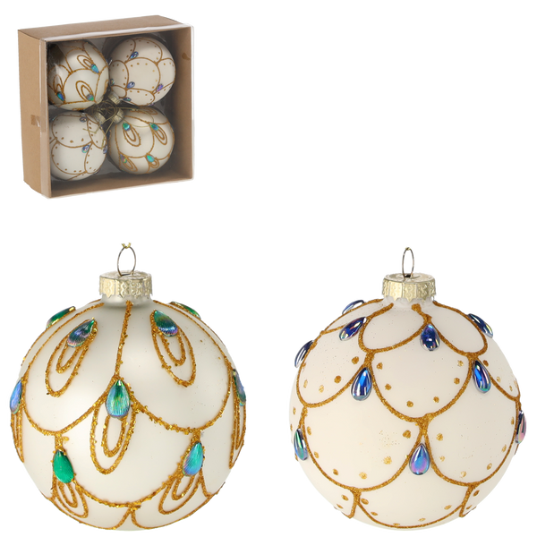 SET OF 4 GLASS ORNAMENTS - SILVER / WHITE 8 CM WITH BLUE DROPS