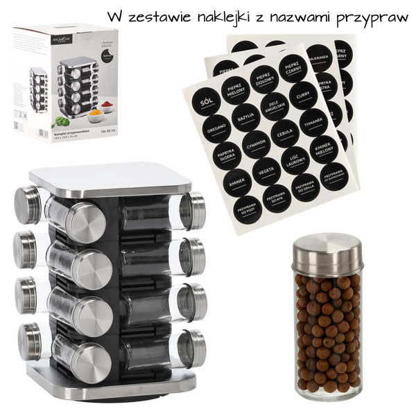 PRZYPRAWNIK KWADRATOWY 15,5 x 15,5 x 24 CM 16 SŁOICZKÓW CZARNO-SREBRNY *9134