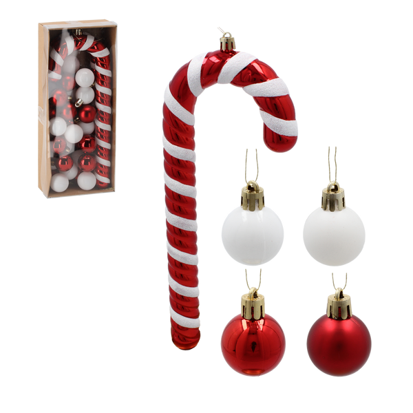 SET OF 32 CHRISTMAS TREE ORNAMENTS - CANDY CANE 25 CM / BALLS MIX OF COLORS 3 CM