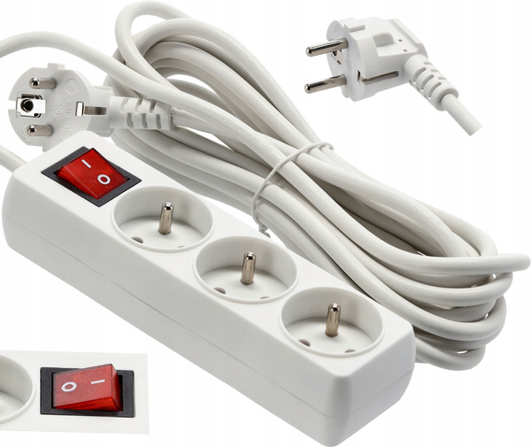 EXTENSION CORD POWER STRIP WITH SWITCH 3 SOCKETS 5M WHITE