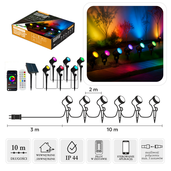 REFLEKTORY OGRODOWE SMART LED 6L MULTIKOLOR, DŁ. 3 + 10 M WEWN/ZEWN *9315