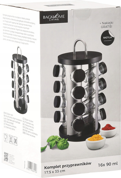 PRZYPRAWNIK OKRĄGŁY 17,5 x 33 CM Z RĄCZKĄ 16 SŁOICZKÓW CZARNO-SREBRNY *9158