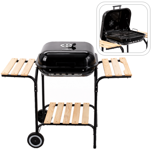 GRĂTAR CARBONIC AMERICAN CU POLIȚE LATERALE ȘI ROȚI 97,5 x 49 x 82,5 CM