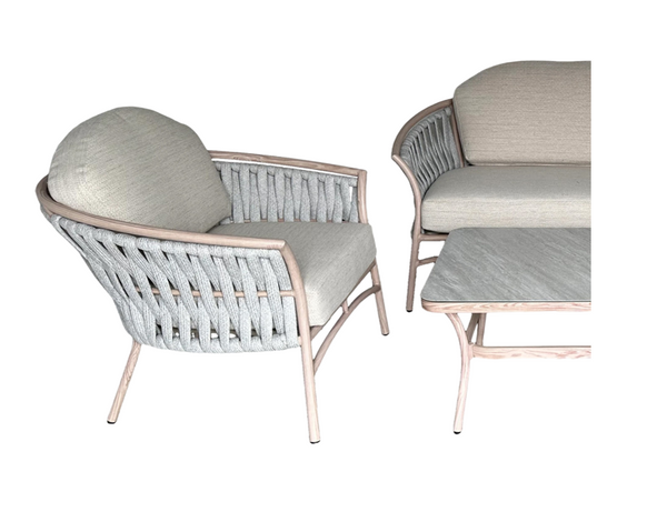 ZESTAW MEBLI ALUMINIOWYCH "VALLETTA" (SOFA + 2 FOTELE + STOLIK) BEŻOWY + SZARE PODUSZKI