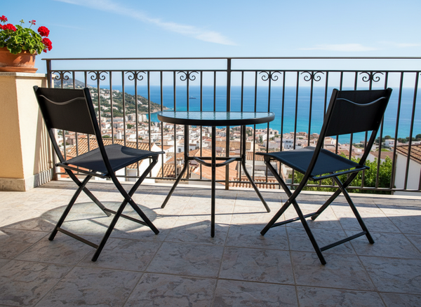 ZESTAW MEBLI BALKONOWYCH - STOLIK POŁÓWKA + 2 SKŁADANE KRZESŁA - CZARNY