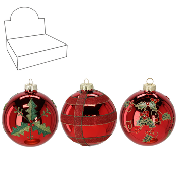 GLASS ORNAMENT - RED WITH HOLLY MIXED PATTERNS
