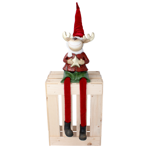 CHRISTMAS FIGURINE - REINDEER SITTING BOY / GIRL WITH HANGING LEGS 60CM LED