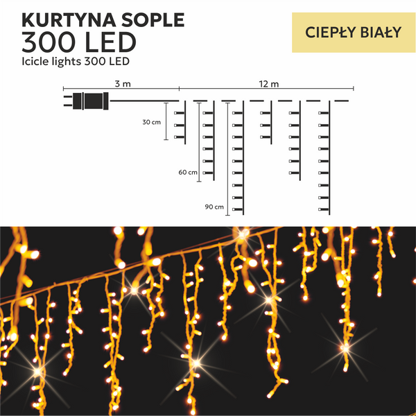 ZÁCLONA ICICLE 300L TEPLÁ BÍLÁ + STUDENÝ BLESK, DÉLKA 3 + 12 M *9843