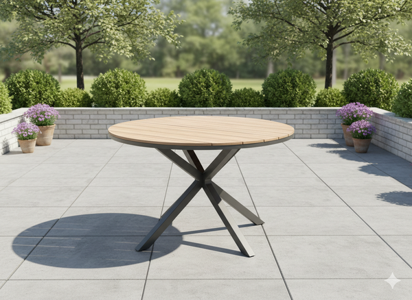 STÓŁ ALUMINIOWY OKRĄGŁY Z BLATEM POLYWOOD 111,5 x 73 CM CIEMNY SZARY