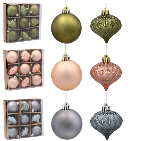 SET OF 9 BAUBLES 6 CM OLIVE/COPPER/GRAPHITE MIX DESIGNS